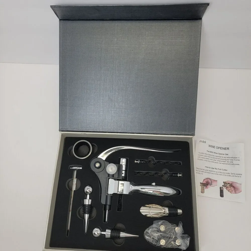 Mixi 9pc Wine Opener Set w/ Corkscrew, Foil Cutter, Thermometer, Stoppers & More